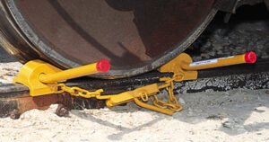 Double railroad wheel chock with tension clamp and padlock