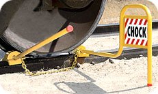 Double railroad wheel chock with flag for exposed rail