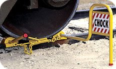 C-2 double railroad wheel chock with tightener, padlock, and flag