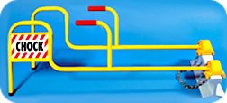 Ergonomic double chock with dual handles and flags for exposed rail